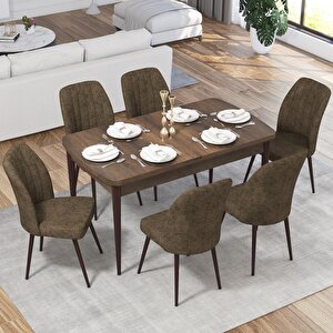 Ege Serisi Açılabilir 70x114 Barok Ahşap Desen Mutfak Masası Takımı Ve 6 Gri Sandalye Kahverengi