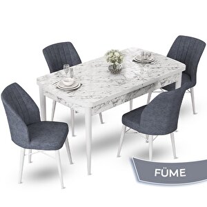 Fer Serisi 70x114 Açılabilir Beyaz Mermer Desen Masa Takımı Ve 4 Füme Sandalye Füme