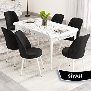 Nix Serisi Açılabilir 70x114 Beyaz Mermer Desen Mutfak Masası Takımı Ve 6 Siyah Sandalye Siyah