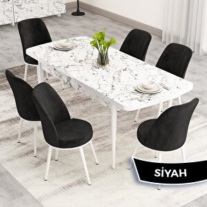 Nix Serisi Açılabilir 70x114 Beyaz Mermer Desen Mutfak Masası Takımı Ve 6 Siyah Sandalye Siyah