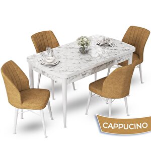 Fer Serisi 70x114 Açılabilir Beyaz Mermer Desen Masa Takımı Ve 4 Cappucino Sandalye Cappucino