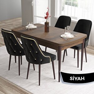 Tia Serisi Açılabilir 80x132 Barok Ahşap Desen Mdf Mutfak Masası Takımı Ve 4 Siyah Sandalye Gold Detay Siyah