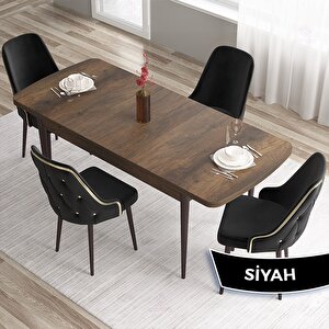 Tia Serisi Açılabilir 80x132 Barok Ahşap Desen Mdf Mutfak Masası Takımı Ve 4 Siyah Sandalye Gold Detay Siyah
