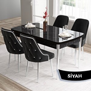 Tia Serisi Açılabilir 80x132 Siyah Mermer Desen Mdf Mutfak Masası Takımı Ve 4 Siyah Sandalye Gümüş Detay Siyah
