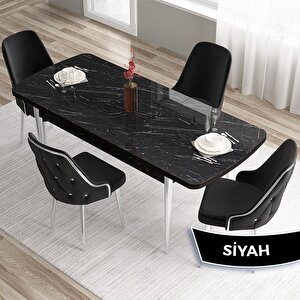 Tia Serisi Açılabilir 80x132 Siyah Mermer Desen Mdf Mutfak Masası Takımı Ve 4 Siyah Sandalye Gümüş Detay Siyah