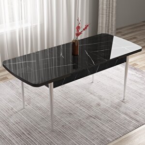 Tia Serisi Açılabilir 80x132 Siyah Mermer Desen Mdf Mutfak Masası Takımı Ve 4 Siyah Sandalye Gümüş Detay