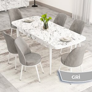 Nix Serisi Açılabilir 70x114 Beyaz Mermer Desen Mutfak Masası Takımı Ve 6 Gri Sandalye Gri
