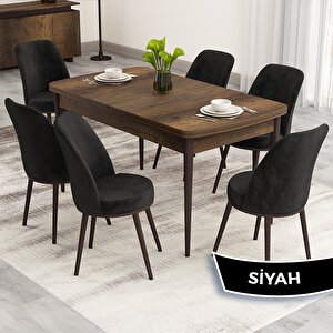 Nix Serisi Açılabilir 70x114 Barok Ahşap Desen Mutfak Masası Takımı Ve 6 Siyah Sandalye Siyah