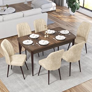 Ege Serisi Açılabilir 70x114 Barok Ahşap Desen Mutfak Masası Takımı Ve 6 Krem Sandalye Krem