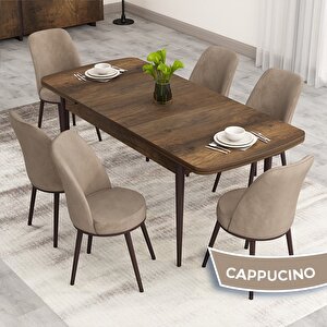 Nix Serisi Açılabilir 70x114 Barok Ahşap Desen Mutfak Masası Takımı Ve 6 Cappucino Sandalye Cappucino