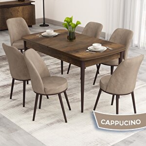 Nix Serisi Açılabilir 70x114 Barok Ahşap Desen Mutfak Masası Takımı Ve 6 Cappucino Sandalye Cappucino