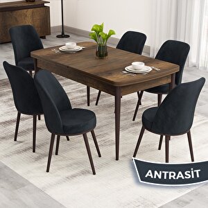 Nix Serisi Açılabilir 70x114 Barok Ahşap Desen Mutfak Masası Takımı Ve 6 Antrasit Sandalye Antrasit