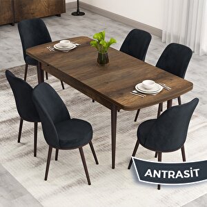 Nix Serisi Açılabilir 70x114 Barok Ahşap Desen Mutfak Masası Takımı Ve 6 Antrasit Sandalye Antrasit