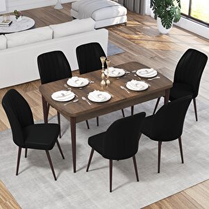 Ege Serisi Açılabilir 70x114 Barok Ahşap Desen Mutfak Masası Takımı Ve 6 Siyah Sandalye Siyah