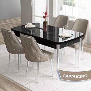 Tia Serisi Açılabilir 80x132 Siyah Mermer Desen Mdf Mutfak Masası Takımı Ve 4 Cappucino Sandalye Gümüş Detay Cappucino
