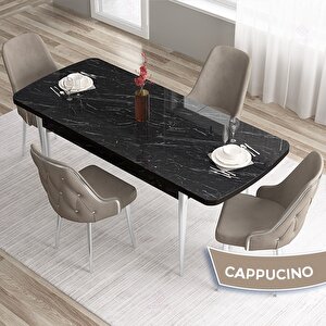Tia Serisi Açılabilir 80x132 Siyah Mermer Desen Mdf Mutfak Masası Takımı Ve 4 Cappucino Sandalye Gümüş Detay Cappucino