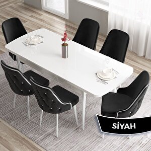 Tia Serisi Açılabilir 80x132 Beyaz Mdf Mutfak Masası Takımı Ve 6 Siyah Sandalye Gümüş Detay Siyah
