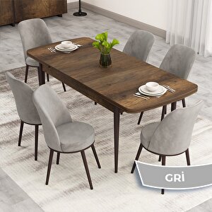 Nix Serisi Açılabilir 70x114 Barok Ahşap Desen Mutfak Masası Takımı Ve 6 Gri Sandalye Gri