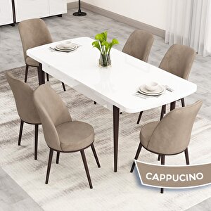 Nix Serisi Açılabilir 70x114 Beyaz Masa Ceviz Ayak Mutfak Masası Takımı Ve 6 Cappucino Sandalye Cappucino