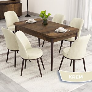 Nix Serisi Açılabilir 70x114 Barok Ahşap Desen Mutfak Masası Takımı Ve 6 Krem Sandalye Krem