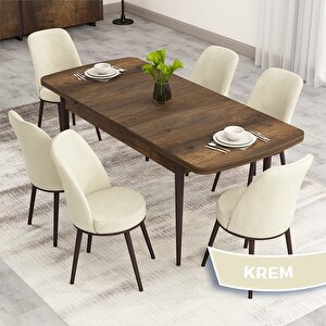 Nix Serisi Açılabilir 70x114 Barok Ahşap Desen Mutfak Masası Takımı Ve 6 Krem Sandalye Krem