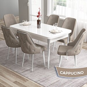 Tia Serisi Açılabilir 80x132 Beyaz Mdf Mutfak Masası Takımı Ve 6 Cappucino Sandalye Gümüş Detay Cappucino