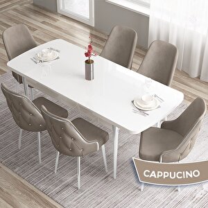 Tia Serisi Açılabilir 80x132 Beyaz Mdf Mutfak Masası Takımı Ve 6 Cappucino Sandalye Gümüş Detay Cappucino