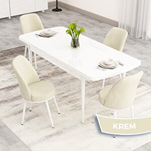 Nix Serisi Açılabilir 70x114 Beyaz Mutfak Masası Takımı Ve 4 Krem Sandalye Krem