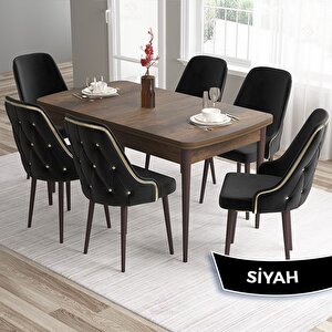 Tia Serisi Açılabilir 80x132 Barok Ahşap Desen Mdf Mutfak Masası Takımı Ve 6 Siyah Sandalye Gold Detay Siyah