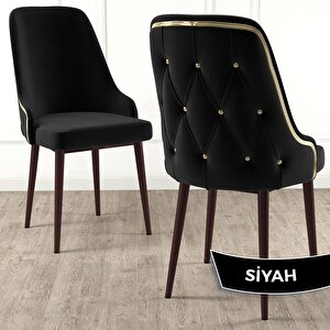 Tia Serisi Açılabilir 80x132 Barok Ahşap Desen Mdf Mutfak Masası Takımı Ve 6 Siyah Sandalye Gold Detay