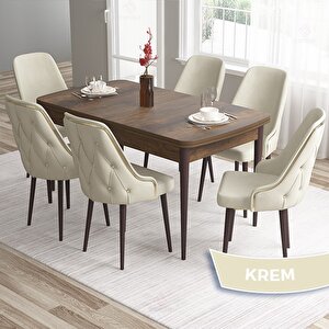 Tia Serisi Açılabilir 80x132 Barok Ahşap Desen Mdf Mutfak Masası Takımı Ve 6 Krem Sandalye Gold Detay Krem