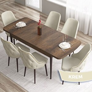 Tia Serisi Açılabilir 80x132 Barok Ahşap Desen Mdf Mutfak Masası Takımı Ve 6 Krem Sandalye Gold Detay Krem