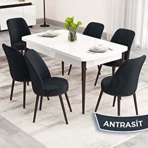 Nix Serisi Açılabilir 70x114 Beyaz Masa Ceviz Ayak Mutfak Masası Takımı Ve 6 Antrasit Sandalye Antrasit