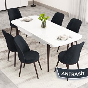 Nix Serisi Açılabilir 70x114 Beyaz Masa Ceviz Ayak Mutfak Masası Takımı Ve 6 Antrasit Sandalye Antrasit