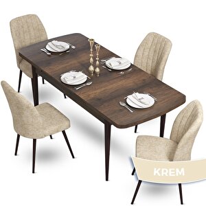 Sun Serisi 70x114 Açılabilir Barok Ahşap Desen Masa Takımı Ve 4 Krem Sandalye Krem