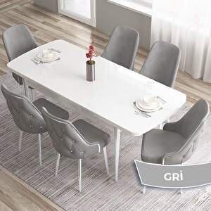 Tia Serisi Açılabilir 80x132 Beyaz Mdf Mutfak Masası Takımı Ve 6 Gri Sandalye Gümüş Detay