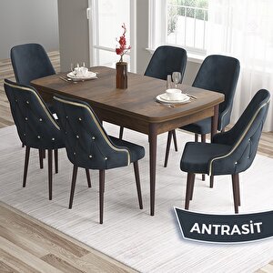 Tia Serisi Açılabilir 80x132 Barok Ahşap Desen Mdf Mutfak Masası Takımı Ve 6 Antrasit Sandalye Gold Detay Antrasit
