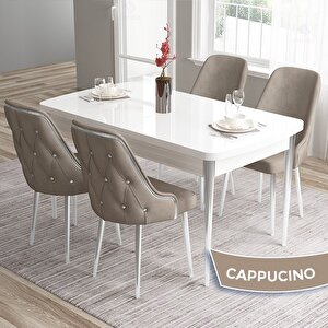 Tia Serisi Açılabilir 80x132 Beyaz Mdf Mutfak Masası Takımı Ve 4 Cappucino Sandalye Gümüş Detay Cappucino