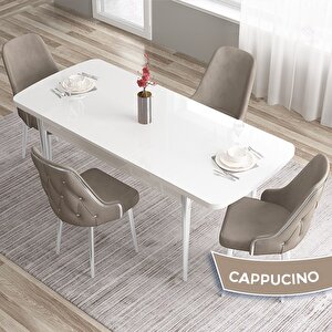 Tia Serisi Açılabilir 80x132 Beyaz Mdf Mutfak Masası Takımı Ve 4 Cappucino Sandalye Gümüş Detay Cappucino