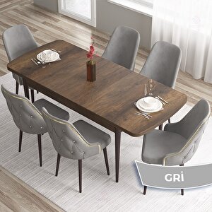 Tia Serisi Açılabilir 80x132 Barok Ahşap Desen Mdf Mutfak Masası Takımı Ve 6 Gri Sandalye Gold Detay Gri