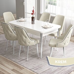 Tia Serisi Açılabilir 80x132 Beyaz Mdf Mutfak Masası Takımı Ve 6 Krem Sandalye Gümüş Detay Krem