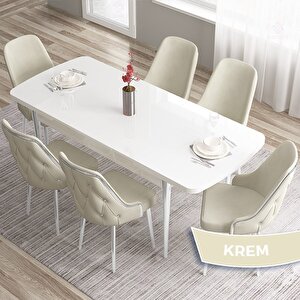 Tia Serisi Açılabilir 80x132 Beyaz Mdf Mutfak Masası Takımı Ve 6 Krem Sandalye Gümüş Detay Krem