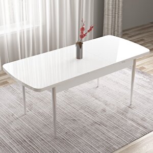 Tia Serisi Açılabilir 80x132 Beyaz Mdf Mutfak Masası Takımı Ve 6 Krem Sandalye Gümüş Detay Krem