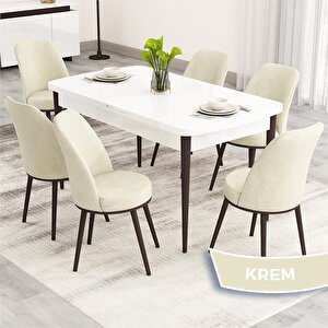 Nix Serisi Açılabilir 70x114 Beyaz Masa Ceviz Ayak Mutfak Masası Takımı Ve 6 Krem Sandalye Krem