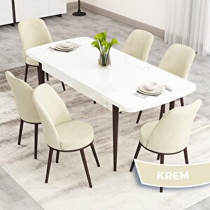 Nix Serisi Açılabilir 70x114 Beyaz Masa Ceviz Ayak Mutfak Masası Takımı Ve 6 Krem Sandalye Krem