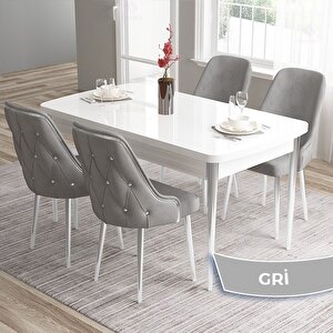 Tia Serisi Açılabilir 80x132 Beyaz Mdf Mutfak Masası Takımı Ve 4 Gri Sandalye Gümüş Detay Gri