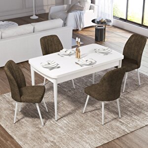Ege Serisi 70x114 Açılabilir Beyaz Mermer Desen Mutfak Masa Takımı Ve 4 Kahverengi Sandalye Kahverengi