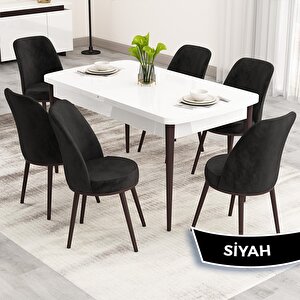 Nix Serisi Açılabilir 70x114 Beyaz Masa Ceviz Ayak Mutfak Masası Takımı Ve 6 Siyah Sandalye Siyah
