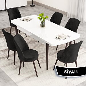 Nix Serisi Açılabilir 70x114 Beyaz Masa Ceviz Ayak Mutfak Masası Takımı Ve 6 Siyah Sandalye
