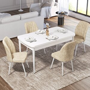Ege Serisi 70x114 Açılabilir Beyaz Mermer Desen Mutfak Masa Takımı Ve 4 Krem Sandalye Krem